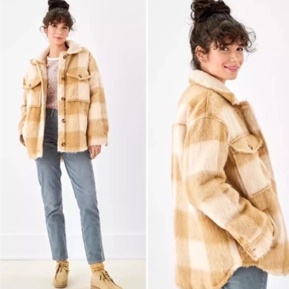 American Eagle Outfitters Terry Lined Tartan Coat Sherpa Lined Shacket Large nwt
